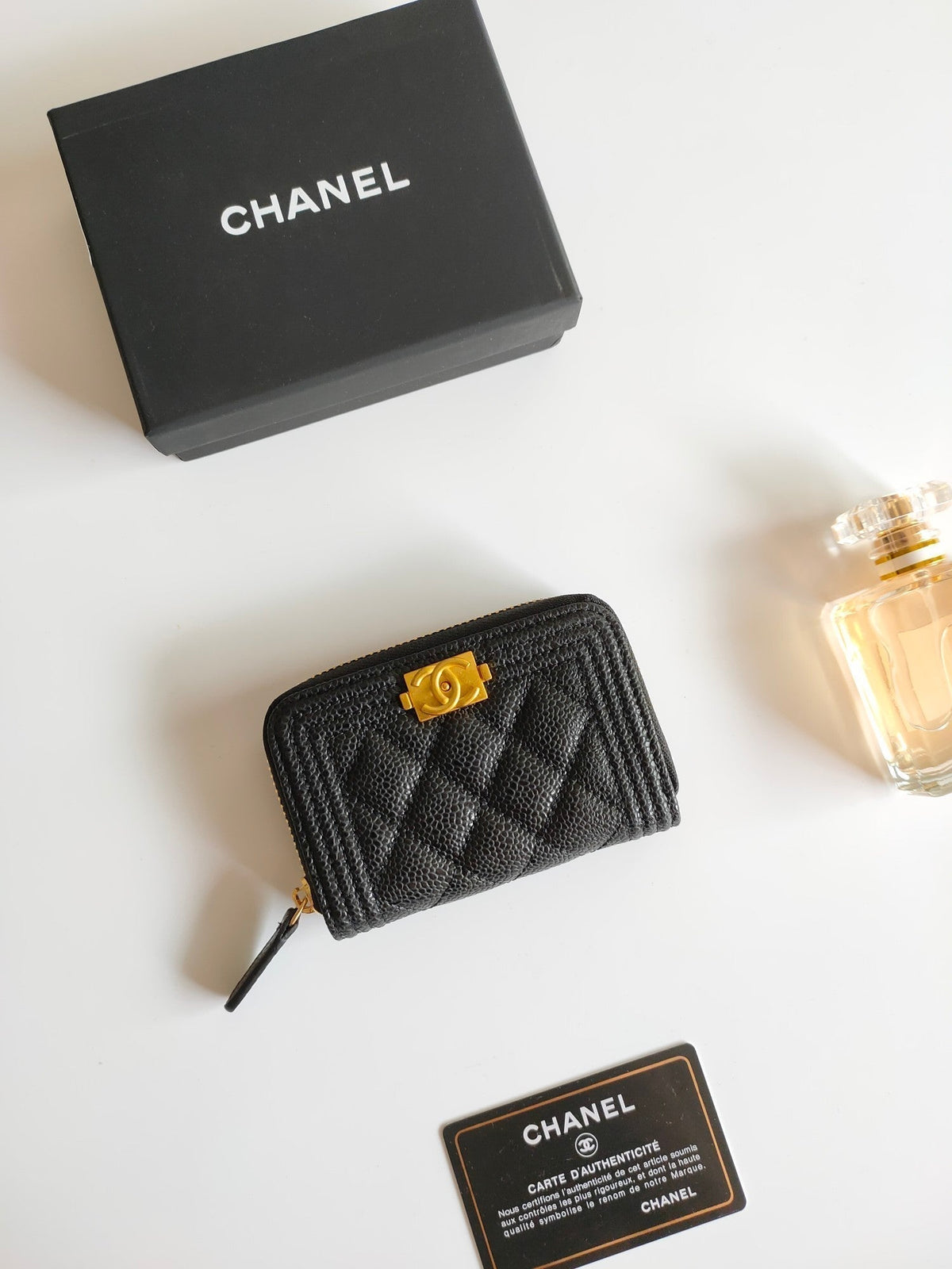 CHANEL BOY ZIP COIN PURSE 11.5 BLACK GRAINED CALFSKIN GOLD ICON