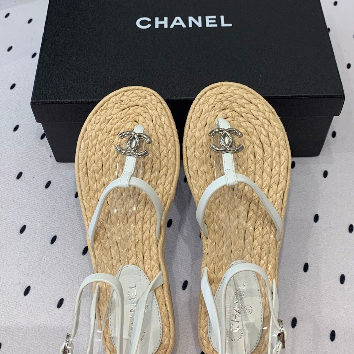 CHANEL Double  Vintage straw sandals replica designer shoe White Beige sheepskin