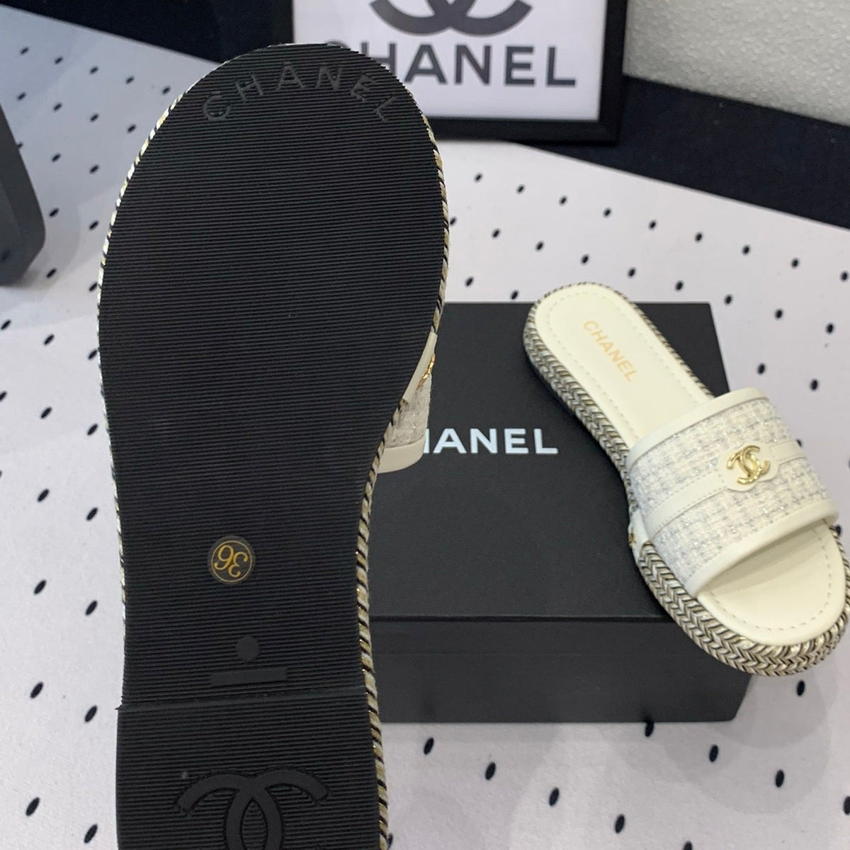 CHANEL Double  Women White Slippers Calfskin