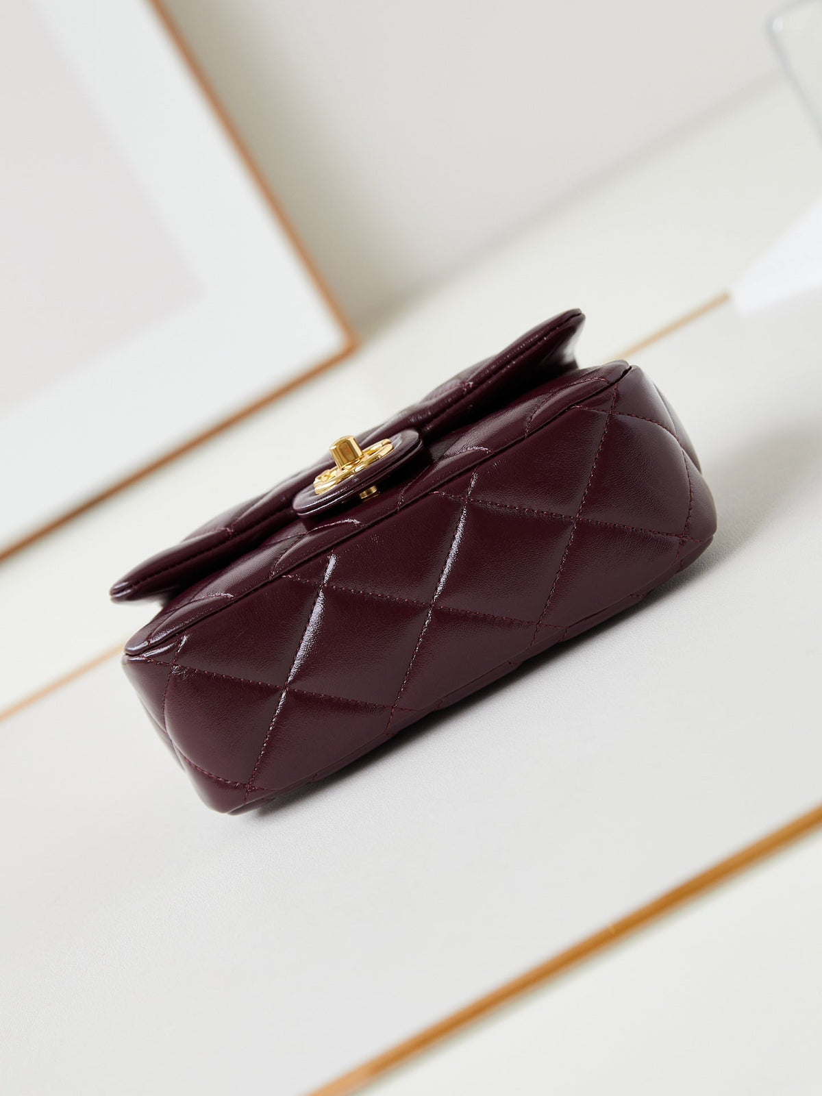 CHANEL FLAP BAG WITH TOP HANDLE 18 IN WINE RED OIL-WAX LAMBSKIN GOLD HARDWARE