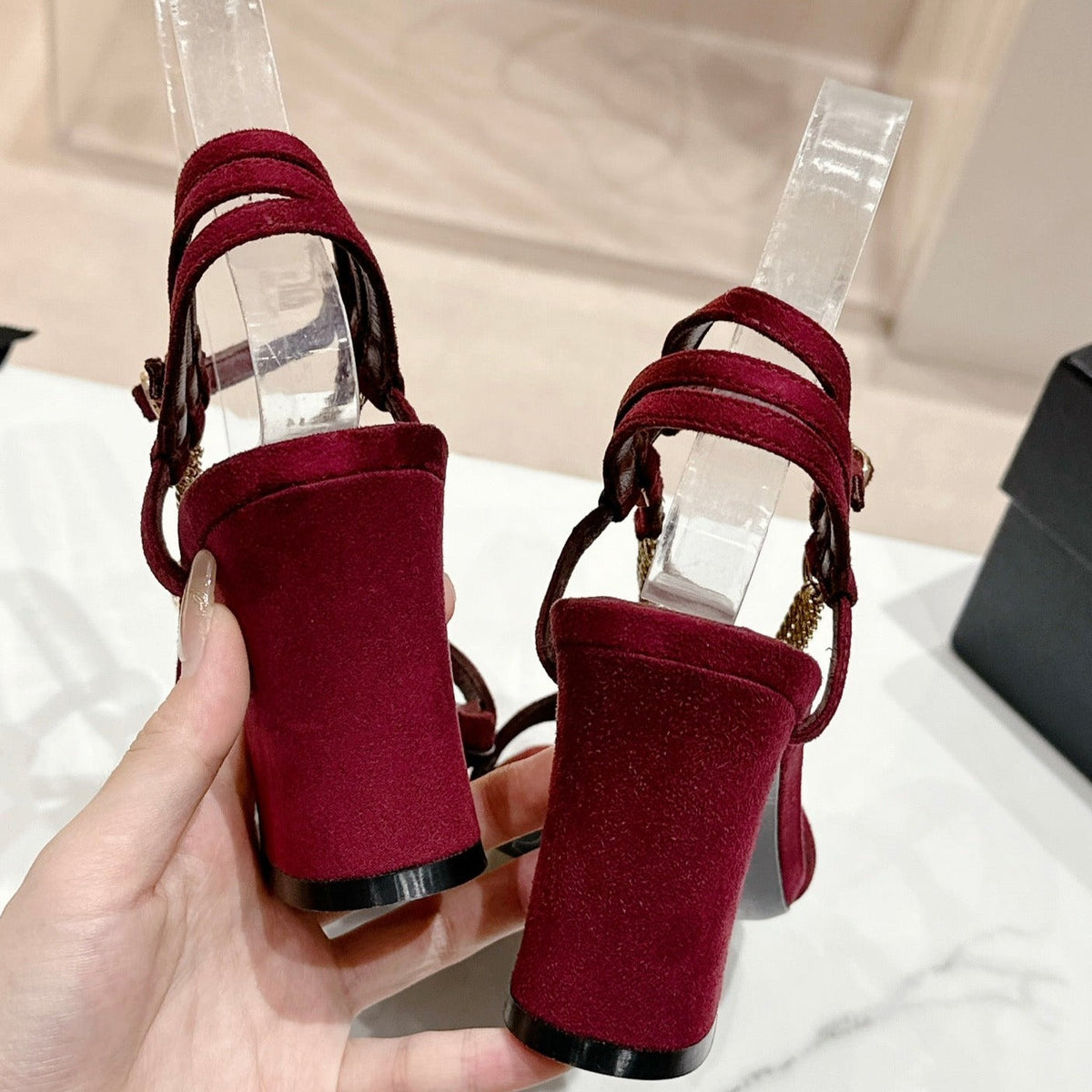 CHANEL Double C Leather High Heel Sandals Red Cherry