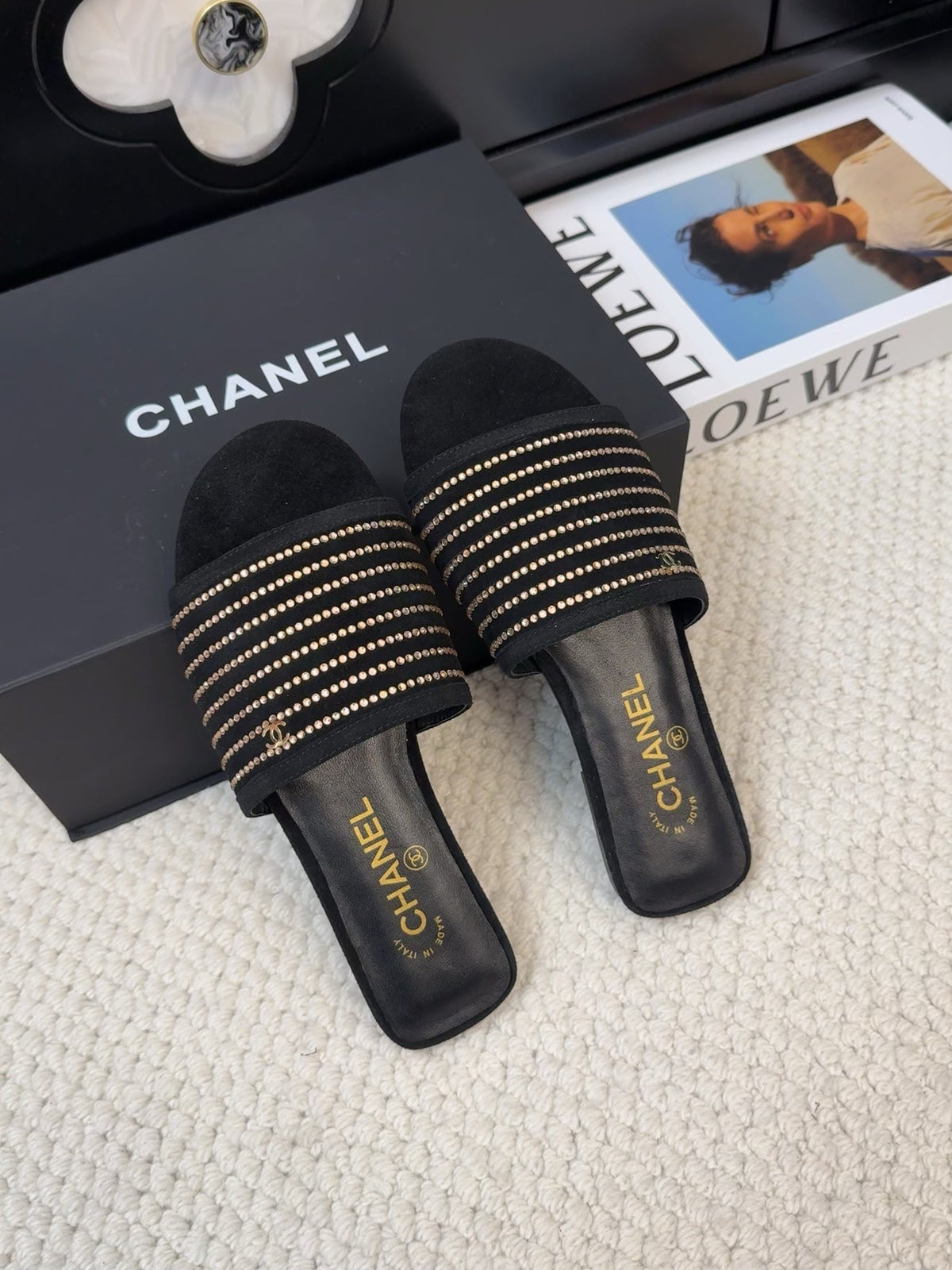 CHANEL FLAT SLIDE IN BLACK SUEDE WITH CRYSTALS