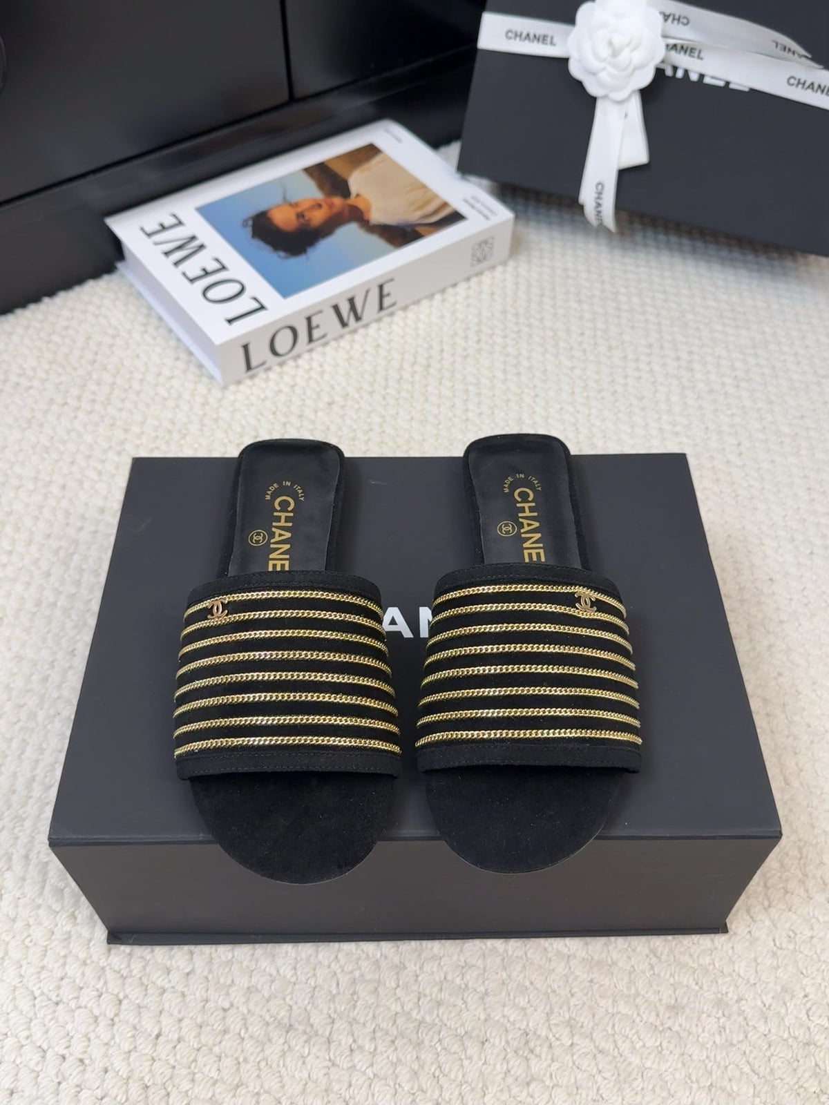 CHANEL FLAT SLIDE IN BLACK SUEDE WITH GOLD CRYSTALS