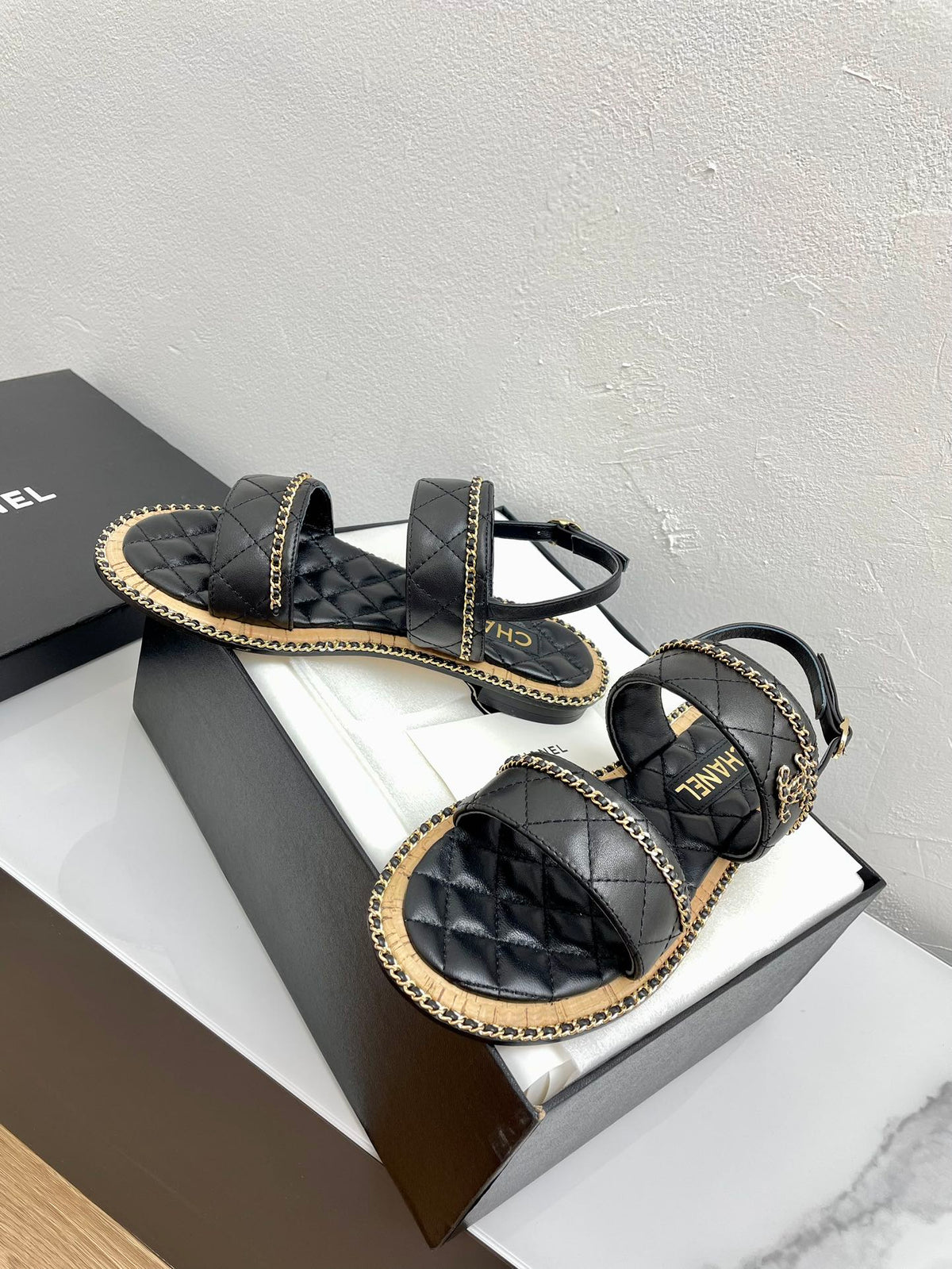 CHANEL DOUBLE STRAPS SANDALS IN BLACK LAMBSKIN