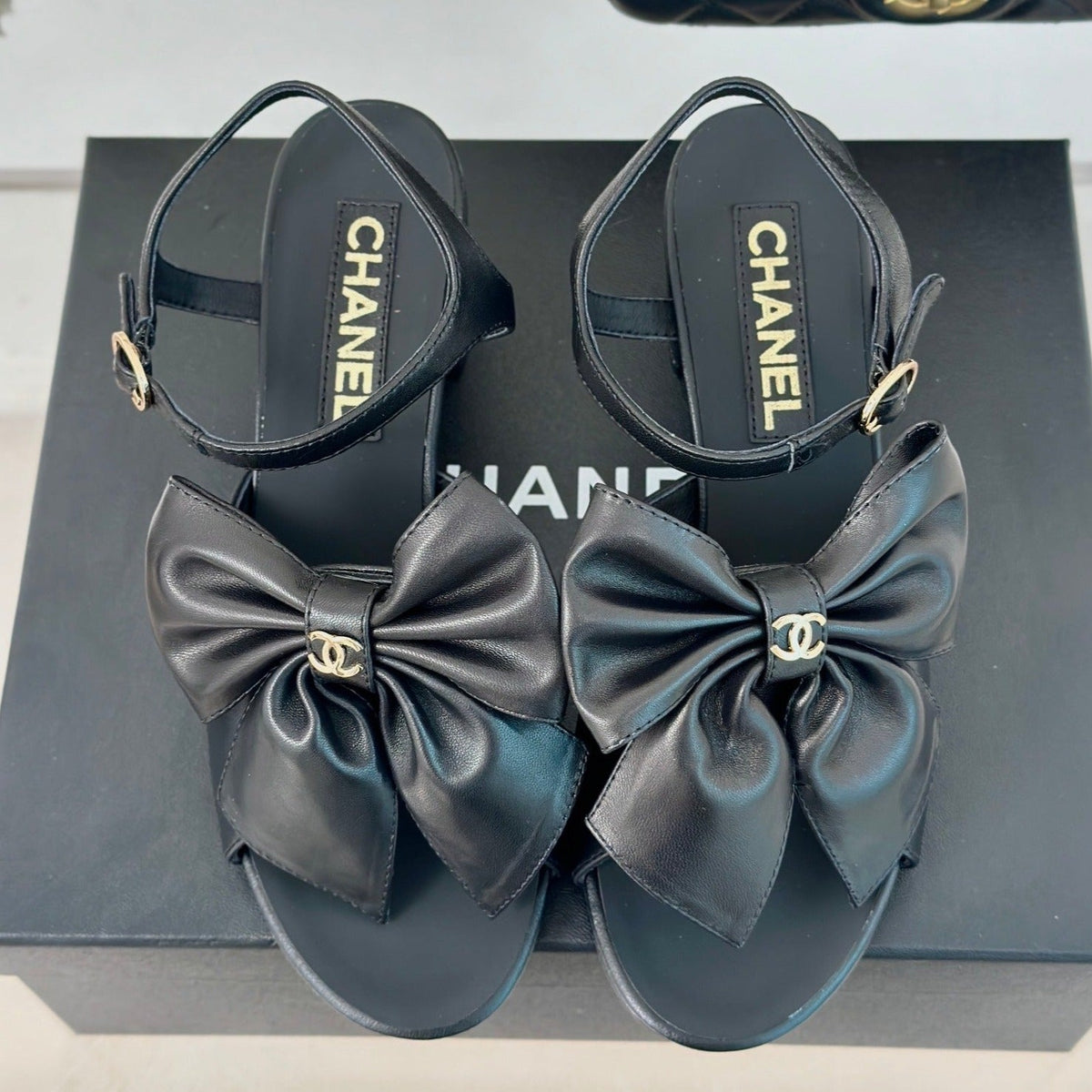 CHANEL Double  Big Bow High Sandal Sheepskin Black